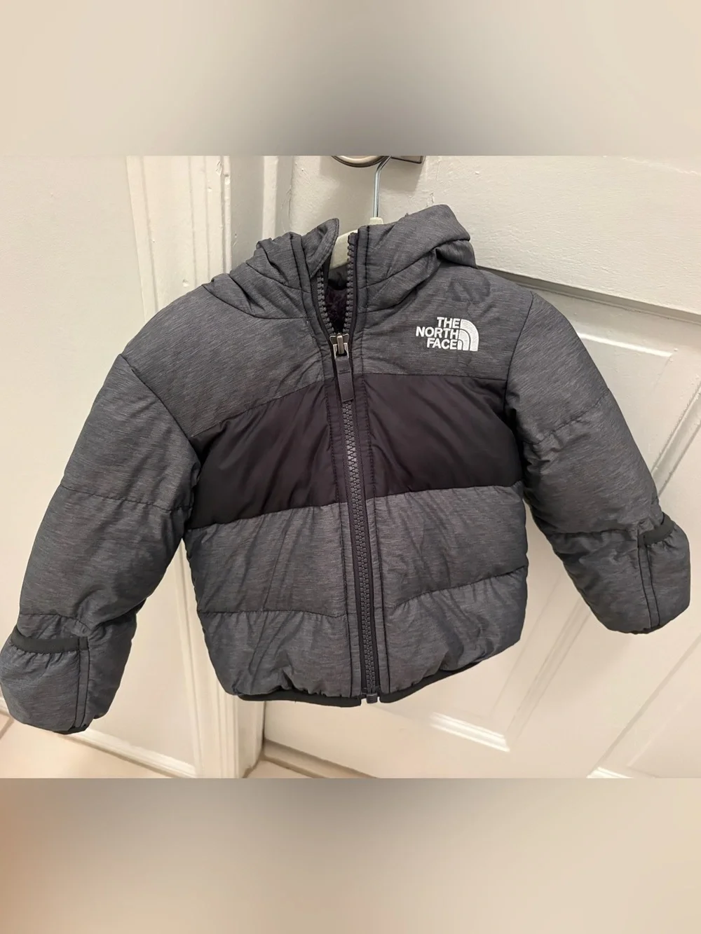 The North Face Kids Gray and Black Hooded Puffer Jacket